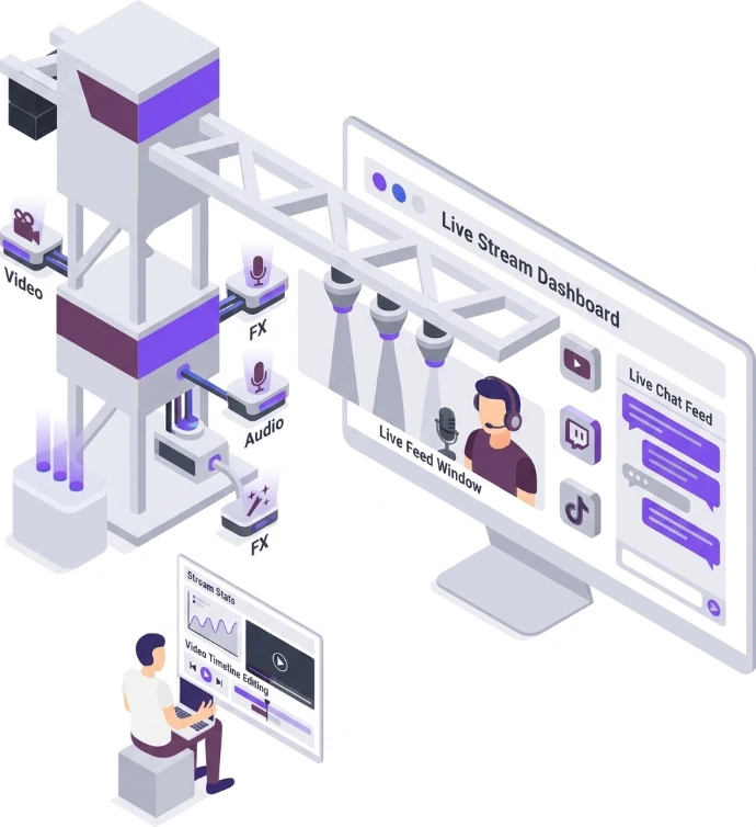 Isometric illustration of a managed content pipeline for influencers featuring offshore video editing, audio mixing, and multi-channel broadcasting support.